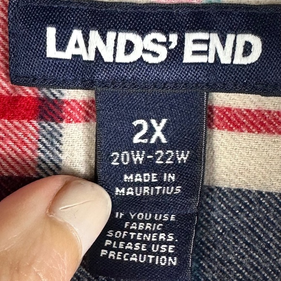 Lands' End Shirt Button Down Top Sz 2X 3X 20W 22W Flannel Plaid White Red Blue - Picture 3 of 4